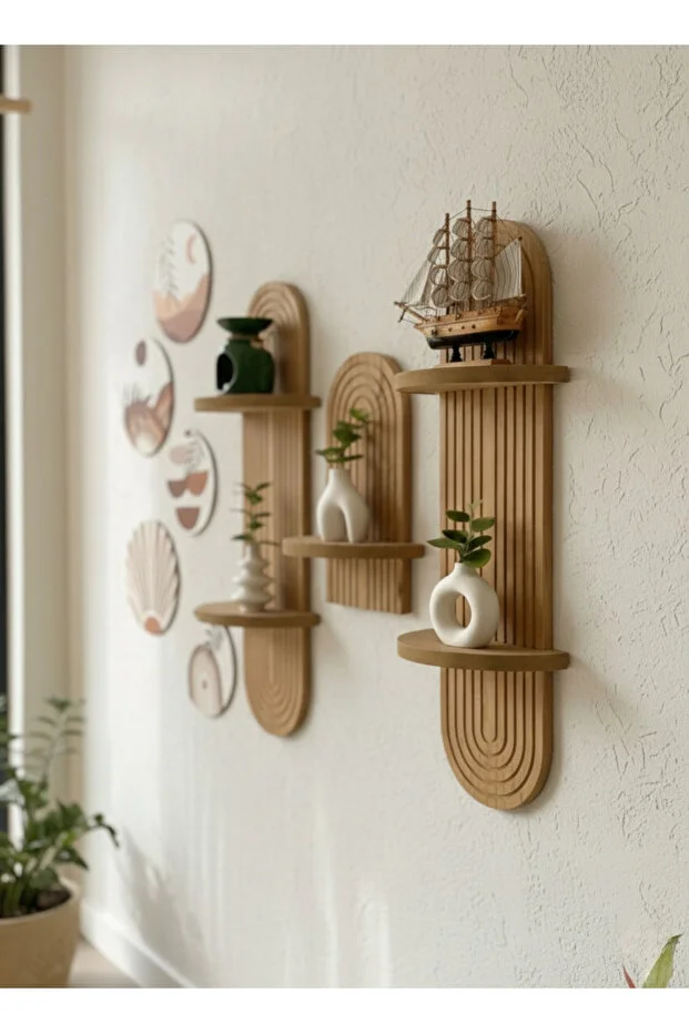 Semplice Duvar Rafı Seti Ve Dekoratif Oval 5 Parça Tablo Seti